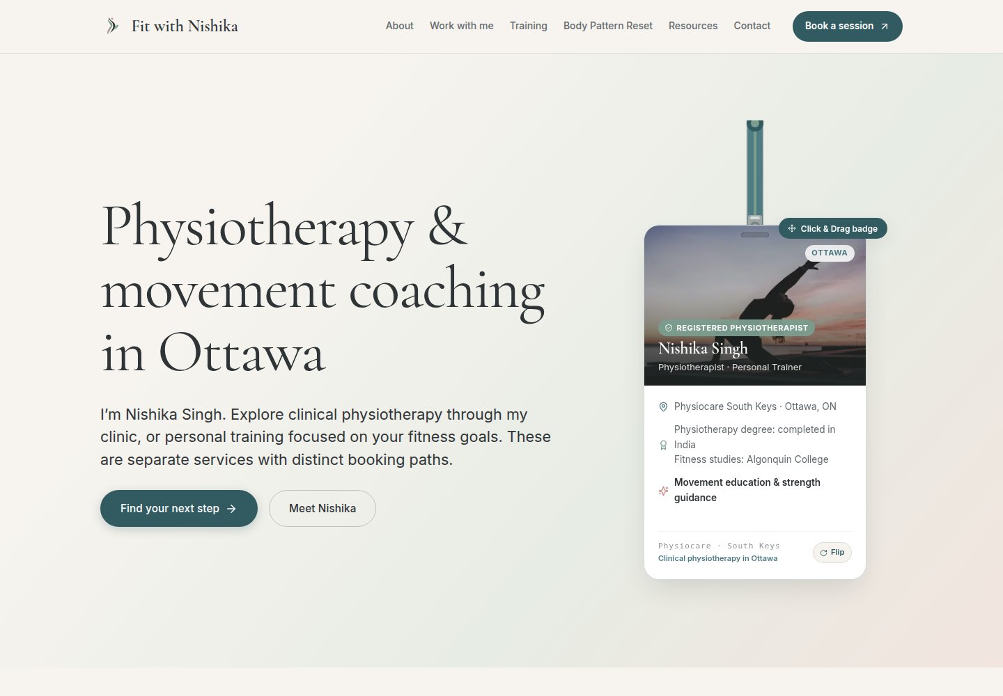 Fit with Nishika homepage showing physiotherapy and movement coaching with the interactive practitioner badge